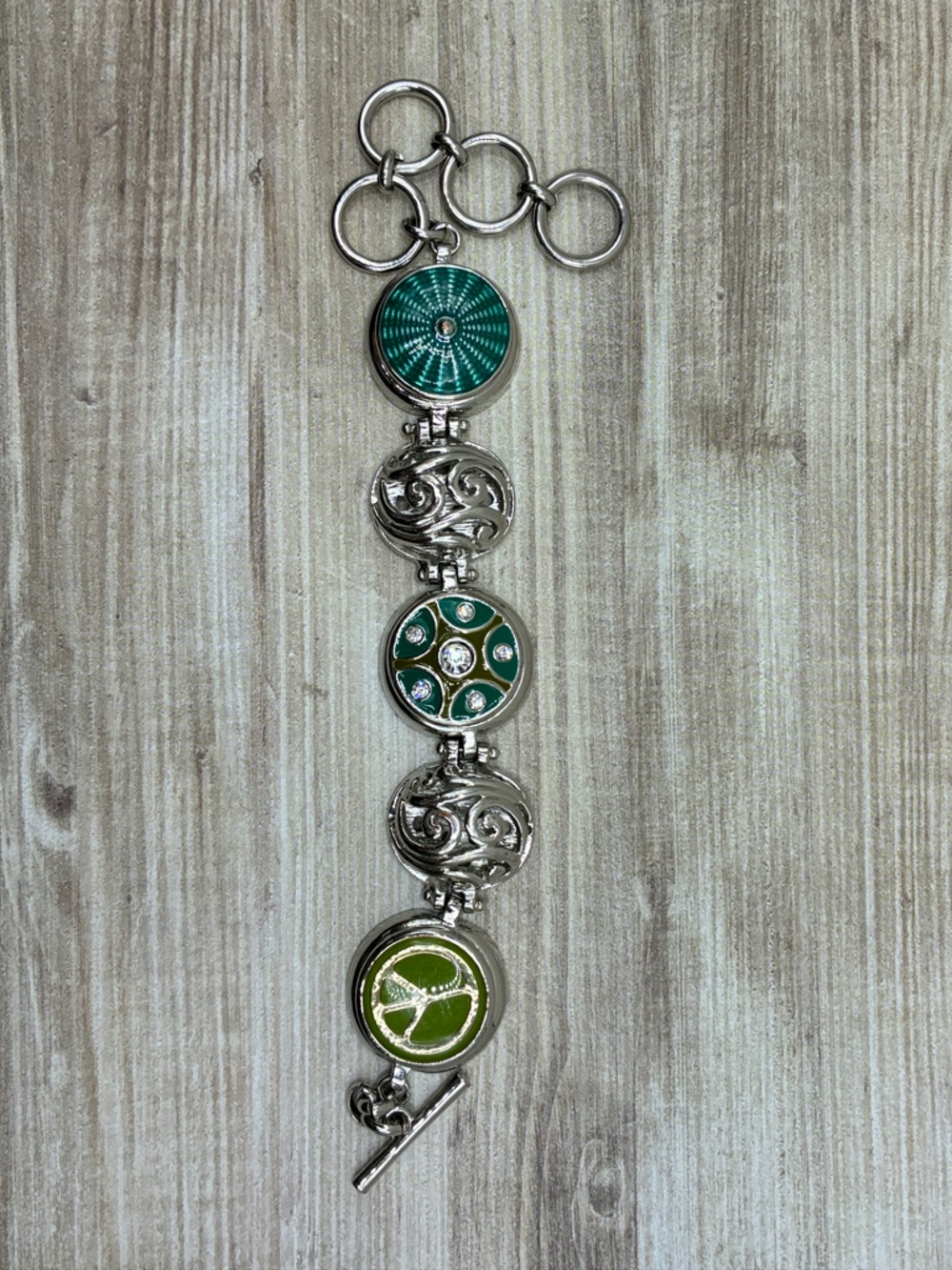 Unique Silver-Tone Snap Charm Bracelet - Green Peace & Medallion Design